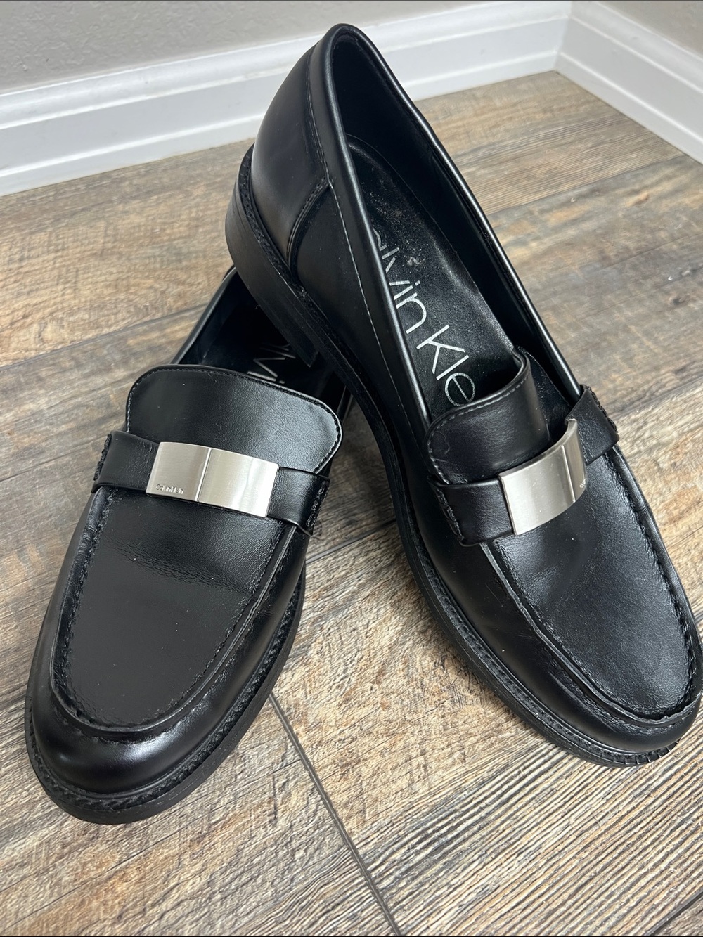 Calvin Klein Black Leather Slip-On Loafers with Silver Accent
